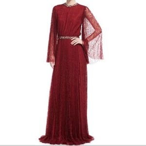 Sachin & Babi Red Lace‎ Pleated Maxi Dress Beaded Waist Bell Sleeve Gown Size 14